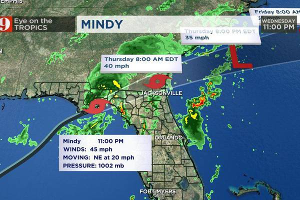 Tropical Storm Mindy makes landfall in Florida, downpours expected early Friday
