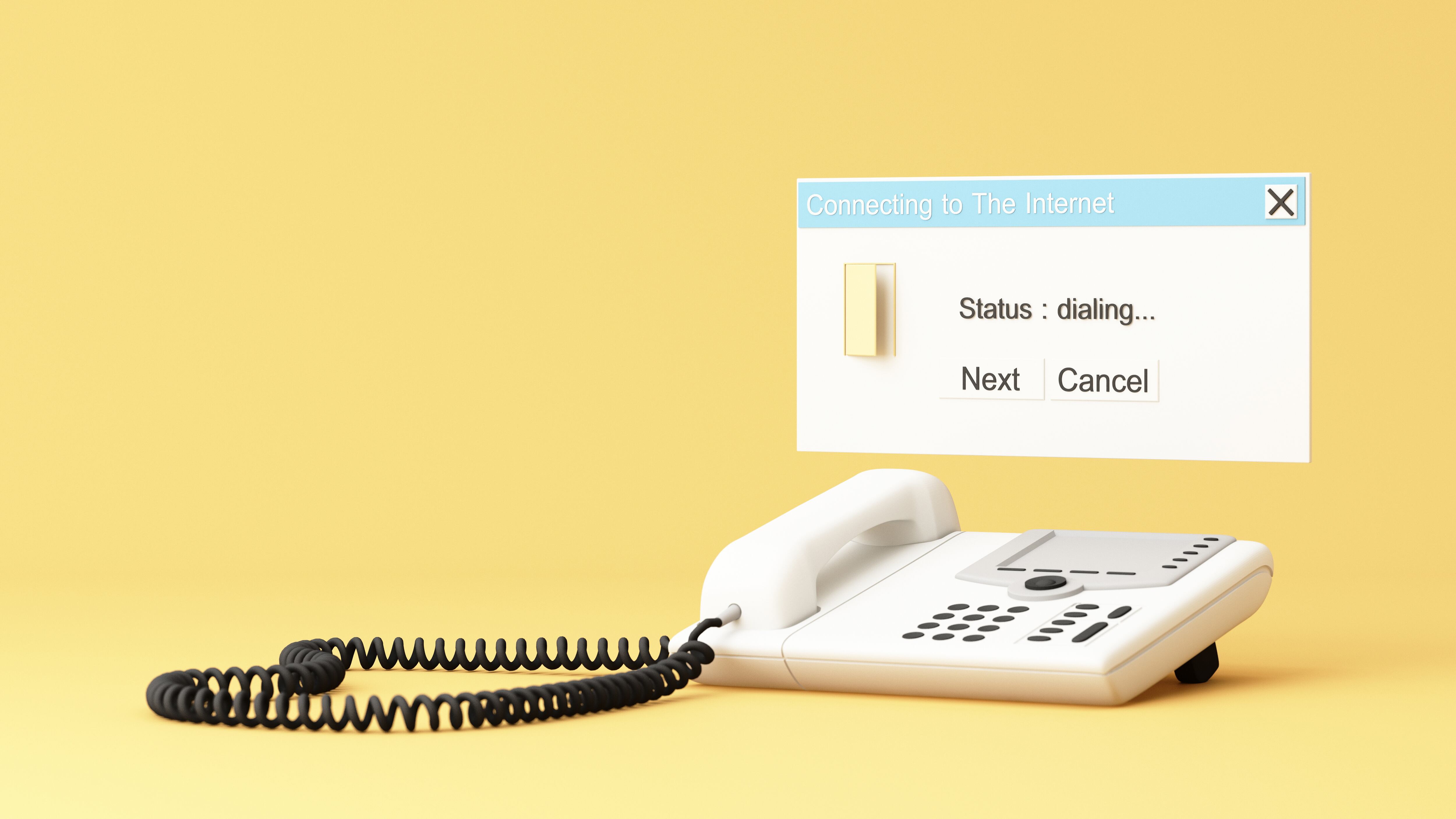 Old dial-up telephone with pop-up internet connection status window, reflecting early days of online access. 3d rendering.
