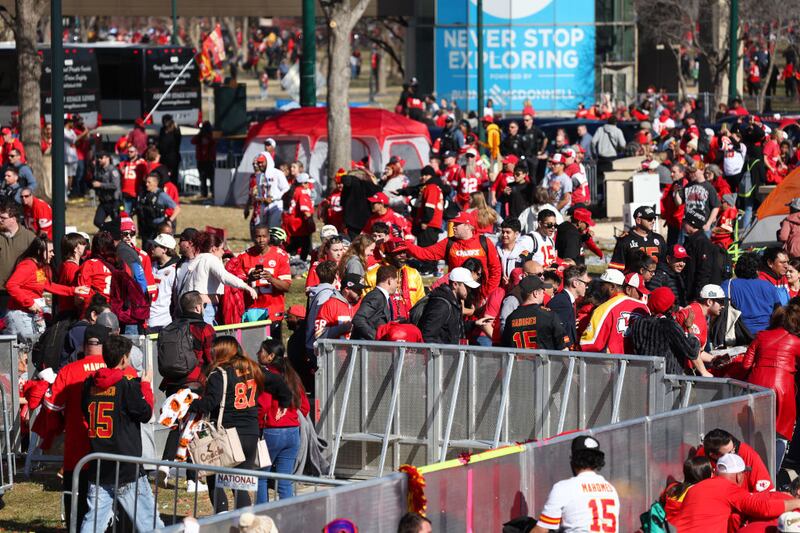 KANSAS CITY, MISSOURI - FEBRUARY 14: People leave the area following a shooting at Union Station during the Kansas City Chiefs Super Bowl LVIII victory parade on February 14, 2024 in Kansas City, Missouri. Several people were shot and two people were detained after a rally celebrating the Chiefs Super Bowl victory. (Photo by Jamie Squire/Getty Images)